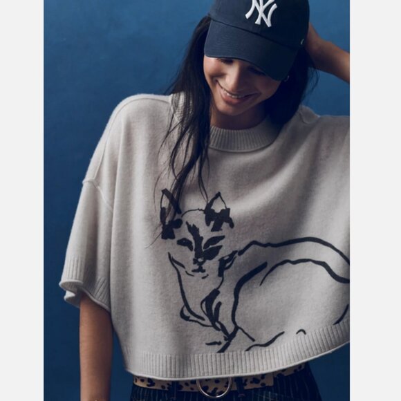 Anthropologie The Goldie Crew Neck Cashmere Sweater Cat Kitty Kitten 2X NWT Plus - Picture 3 of 7